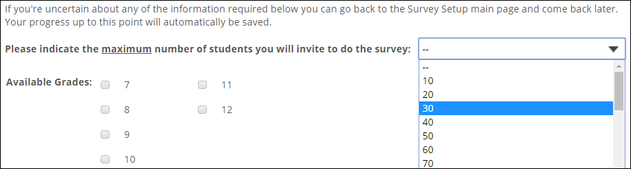 select maximum number of survey takers and selectable grades