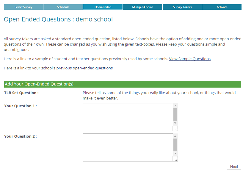 Survey Setup step 3 - additonal open-ended custom questions